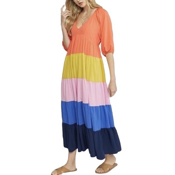 Entro Women’s Colorblock Tiered Maxi Dress Size Small Multicolor Boho Style - Picture 2 of 7